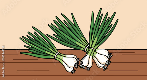 Two bunches of green onions rest on a brown wooden surface against a light peach background