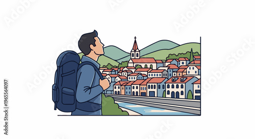 Traveler with backpack gazes at picturesque European village by river