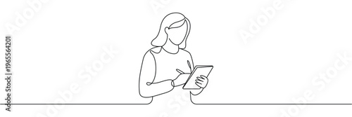 Continuous one line drawing of a woman writing in a notebook with a pen minimalist. Editable stroke outline. Draw thin linear width. Single contour art. Doodle hand drawn vector illustration