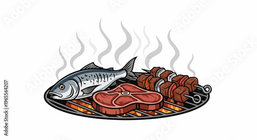 Assortment of seafood, steak, and kebabs cooking on a grill