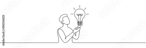 Continuous one line drawing of man holding a glowing light bulb representing creative business ideas. Editable stroke outline. Single contour art. Doodle hand drawn vector illustration