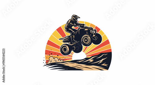 Stylized illustration of a person riding a quad bike in mid-air