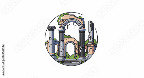 Ancient stone ruins with arches, pillars, and overgrown vegetation within a circle