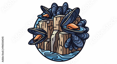 Artistic circular depiction of mussels clinging to rocky seaside cliffs