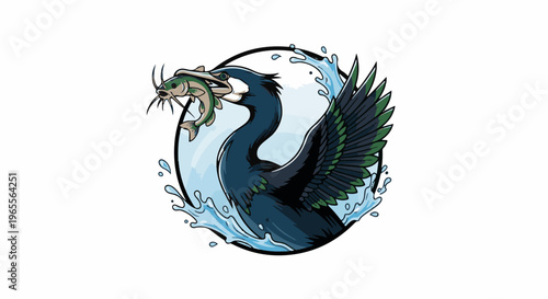 A bird with a fish in its beak emerges from splashing water