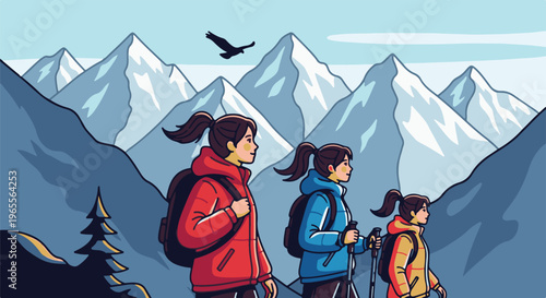 Three hikers traverse snowy mountains with an eagle overhead