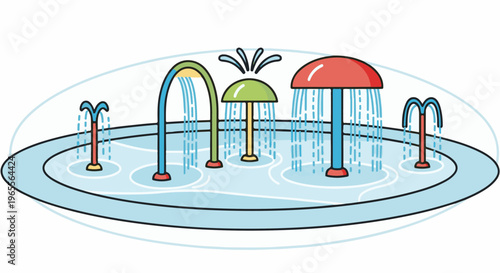 Bright cartoon splash pad with colorful fountains in a water play area