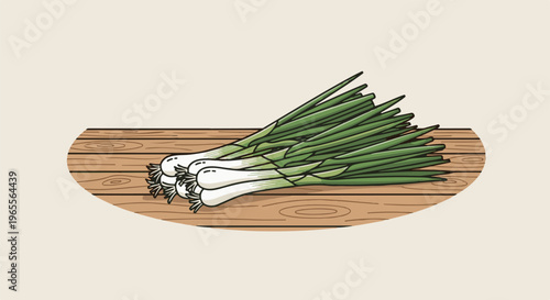 Bunch of fresh green onions rests on a rustic wooden surface