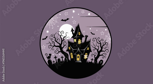 Spooky haunted house with bats, moon, and cemetery in a circular frame