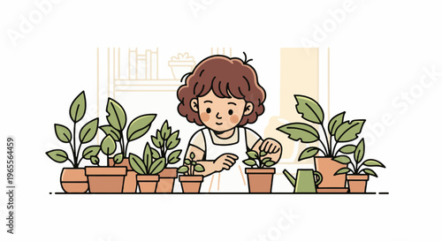 A child tends to potted plants indoors, with a watering can nearby