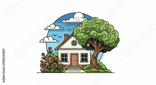 A charming illustration of a quaint home nestled amidst lush greenery, vibrant flowers, and a blooming tree