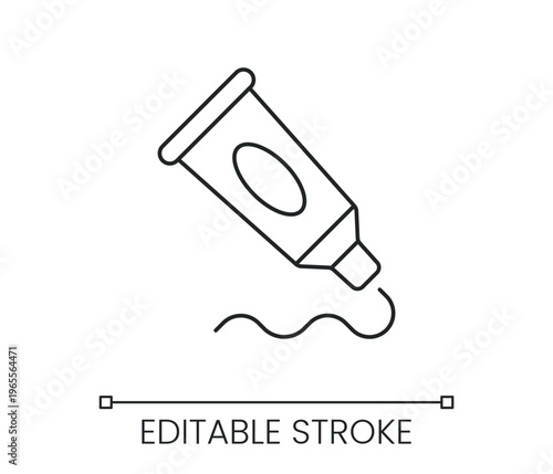 Toothpaste tube icon with squeezed ointment line for dental care and medical hygiene product design. Line with editable stroke single symbol. Thin linear style sign. Outline vector illustration