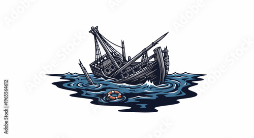 A distressed, partially submerged wooden vessel listing precariously in dark, choppy water