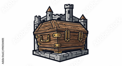 A detailed illustration of a wooden treasure chest sits before a stone castle