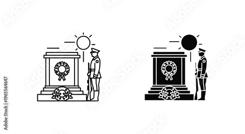 Monument icons, tombstone illustrations, soldier graphics, black and white, vector set