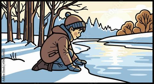 Young child kneels by frozen pond in winter forest