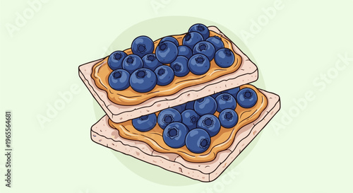 Two slices of toast, spread with peanut butter, topped with blueberries