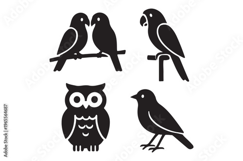 Black silhouettes of various birds including parrots and an owl