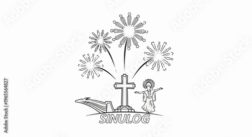 A black and white illustration depicting a cross, a dancing figure, and fireworks