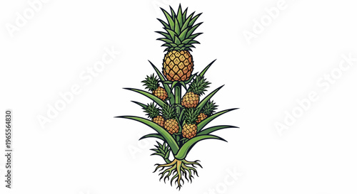 A central large pineapple atop a tiered arrangement of smaller pineapples and green leaves