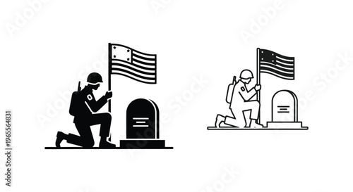 Memorial, patriotic, soldier, tombstone icons, black and white