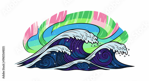 Stylized waves under a vibrant aurora borealis display