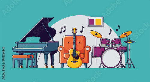 A piano, guitar, and drums are set up with musical notes in the air