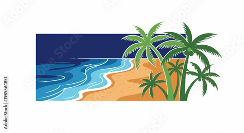 Stylized tropical beach scene with calm ocean waves and palm trees