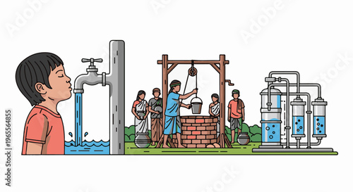 A child drinks from a tap, people draw water from a well, and a purification system operates