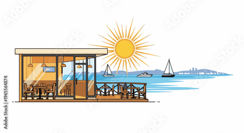 A modern building with tables and chairs on a sunny day by the ocean with boats