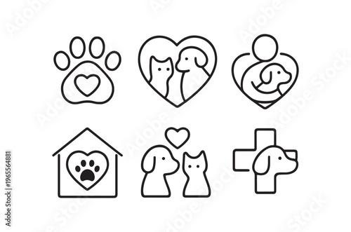 Line art icons depicting pet care love and veterinary services