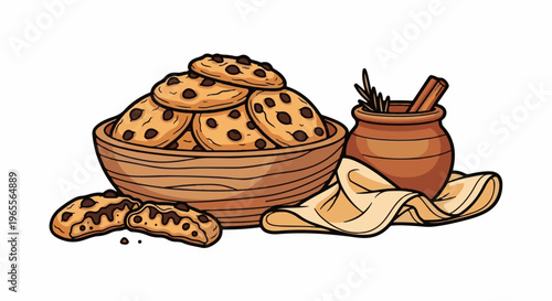 A still life featuring a wooden bowl overflowing with chocolate chip cookies.