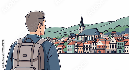 A person wearing a backpack faces a picturesque town nestled in rolling hills