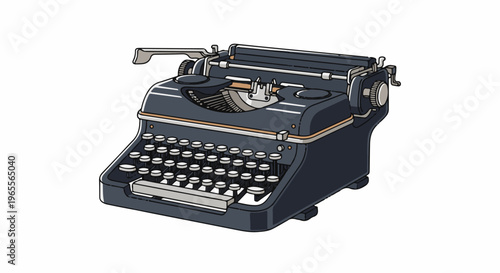 A retro dark grey mechanical typewriter with a white keyboard