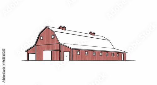 A red barn with a gambrel roof, featuring multiple windows and doors