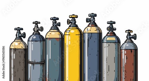 A row of various colored gas cylinders with metal valves at the top
