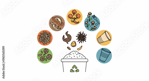 Various organic and disposable items are depicted falling into a compost bin