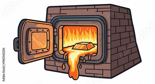 Brick furnace with open door melting gold bar with flames