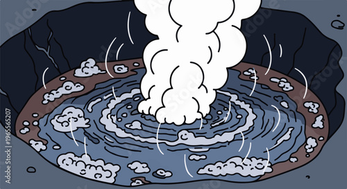 Cartoonish illustration of a bubbling geothermal pool releasing steam