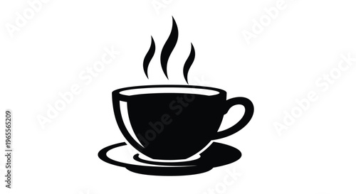 Simple black and white vector illustration graphic depicting a steaming hot cup of coffee or tea resting on a matching saucer