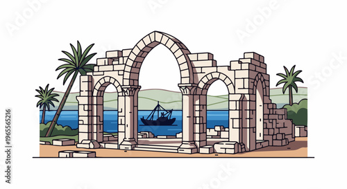 Ancient stone ruins with palm trees by the sea, a boat sails