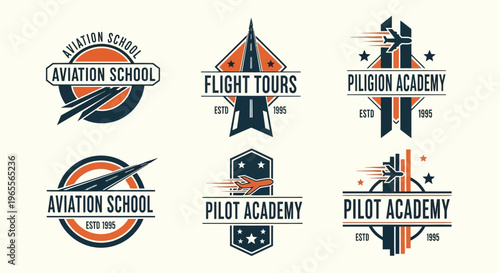Vintage Aviation School and Pilot Academy Logo Set - Flight Tour Emblems and Vector Illustrations for Airline and Aerospace Branding