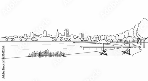 City skyline across water with pier, chairs, and umbrellas