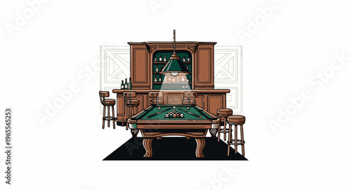 Classic bar scene with pool table, stools, and drinks displayed