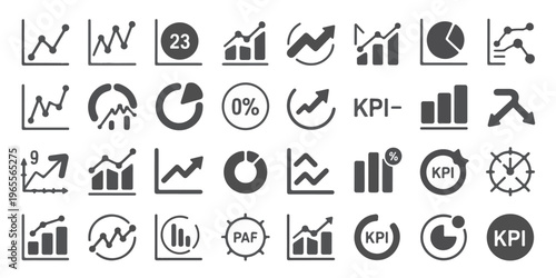 A collection of various business and finance icons featuring charts, graphs, and indicators.