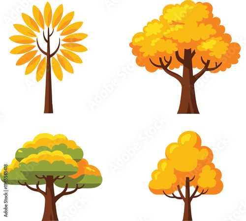 Autumn Trees Set with Different Fall Season Tree Shapes Yellow and Orange Foliage Vector Illustration Collection for Nature and Landscape Design