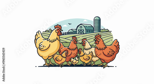 Farm scene with chickens and barn