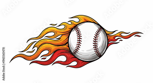 Fiery baseball streaks across a white background