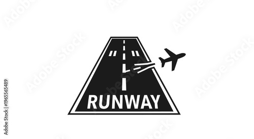 Aviation Runway Icon with Airplane Taking Off, Black and White Flat Vector Illustration for Travel and Transport Industry