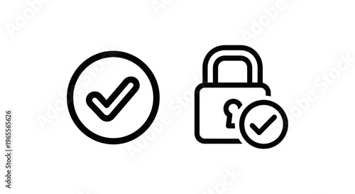 Permission success and access confirmed icon set with checkmark and secured unlocked padlock for digital authorization